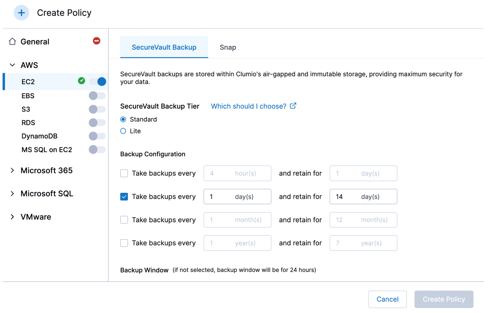 Clumio Protect for AWS Create Policy Engine