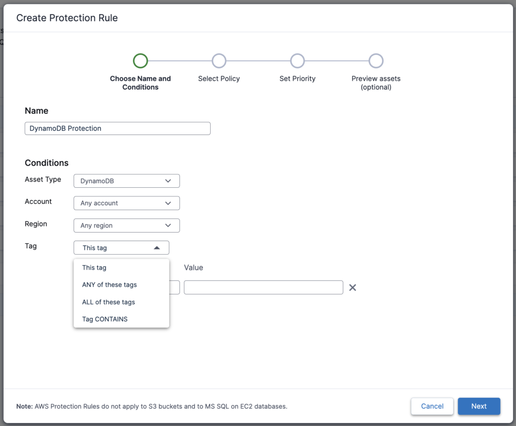 Screenshot of Clumio on creating protection rules