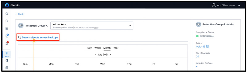 Image of Clumio's search function for global protection groups, displayed in a screenshot. Provides easy access to manage data protection settings