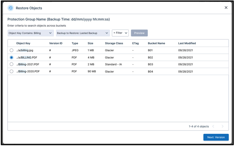 Clumio's global protection group settings page, displaying a table of protected workloads and their corresponding protection policies for easy management and customization.